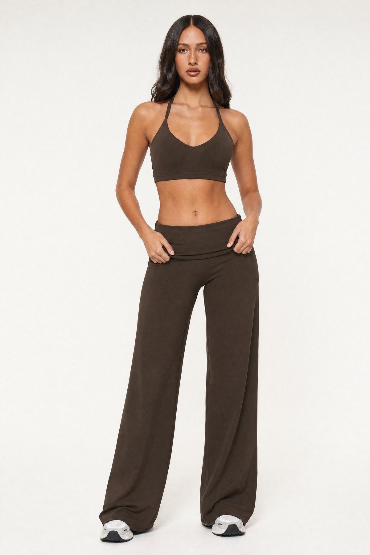 Model wearing the Fold Over Flare Pants Ganache