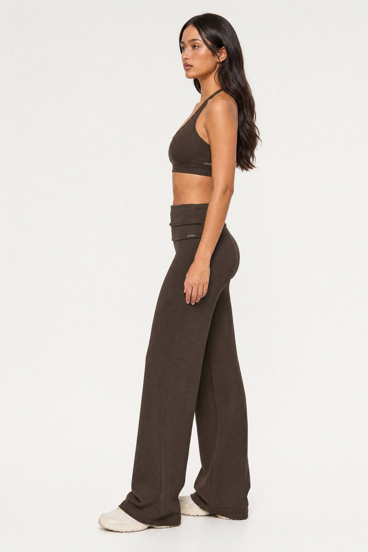 Fold Over Flare Pants Ganache, side view on model