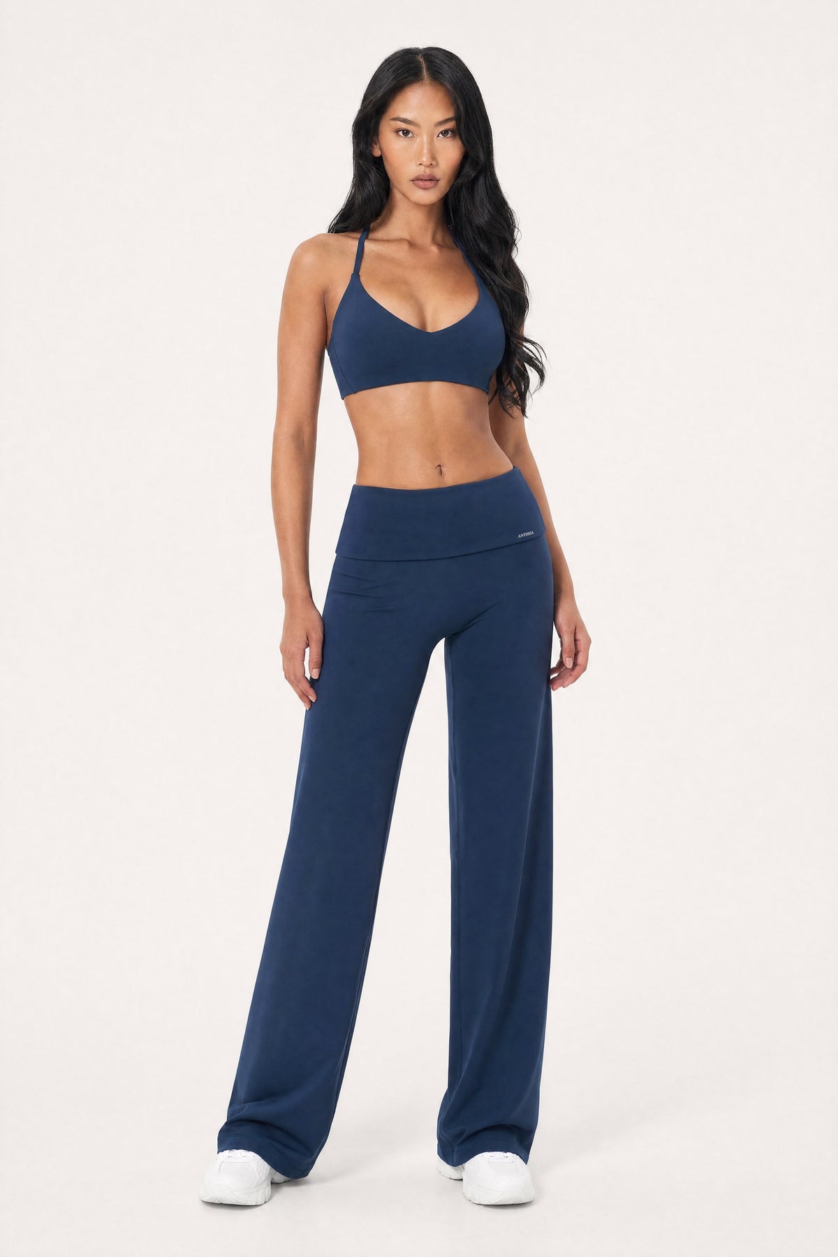 Fold Over Flare Pants Midnight, front view on model