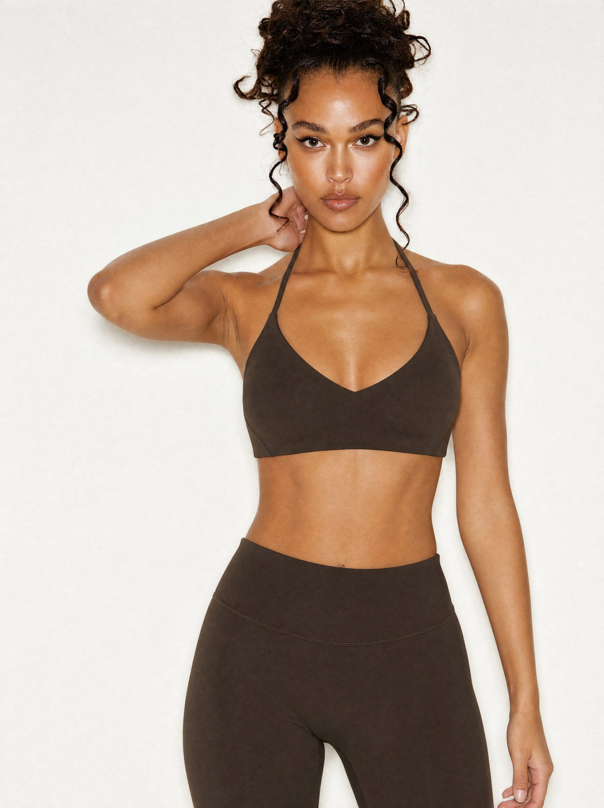Model wearing the Grace Halter Bralette Ganache