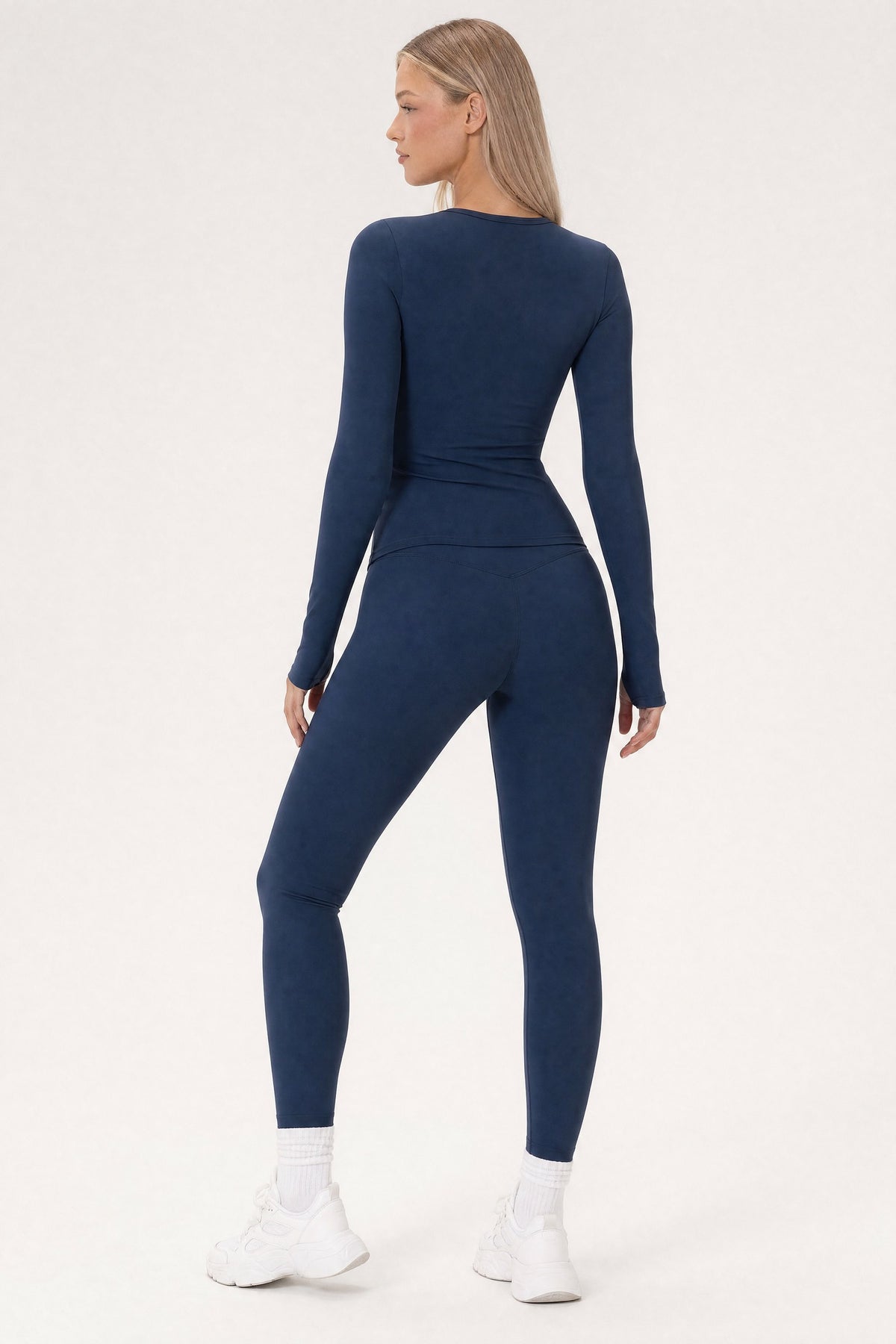 Fitted Long Sleeve T-Shirt Midnight, back view on model