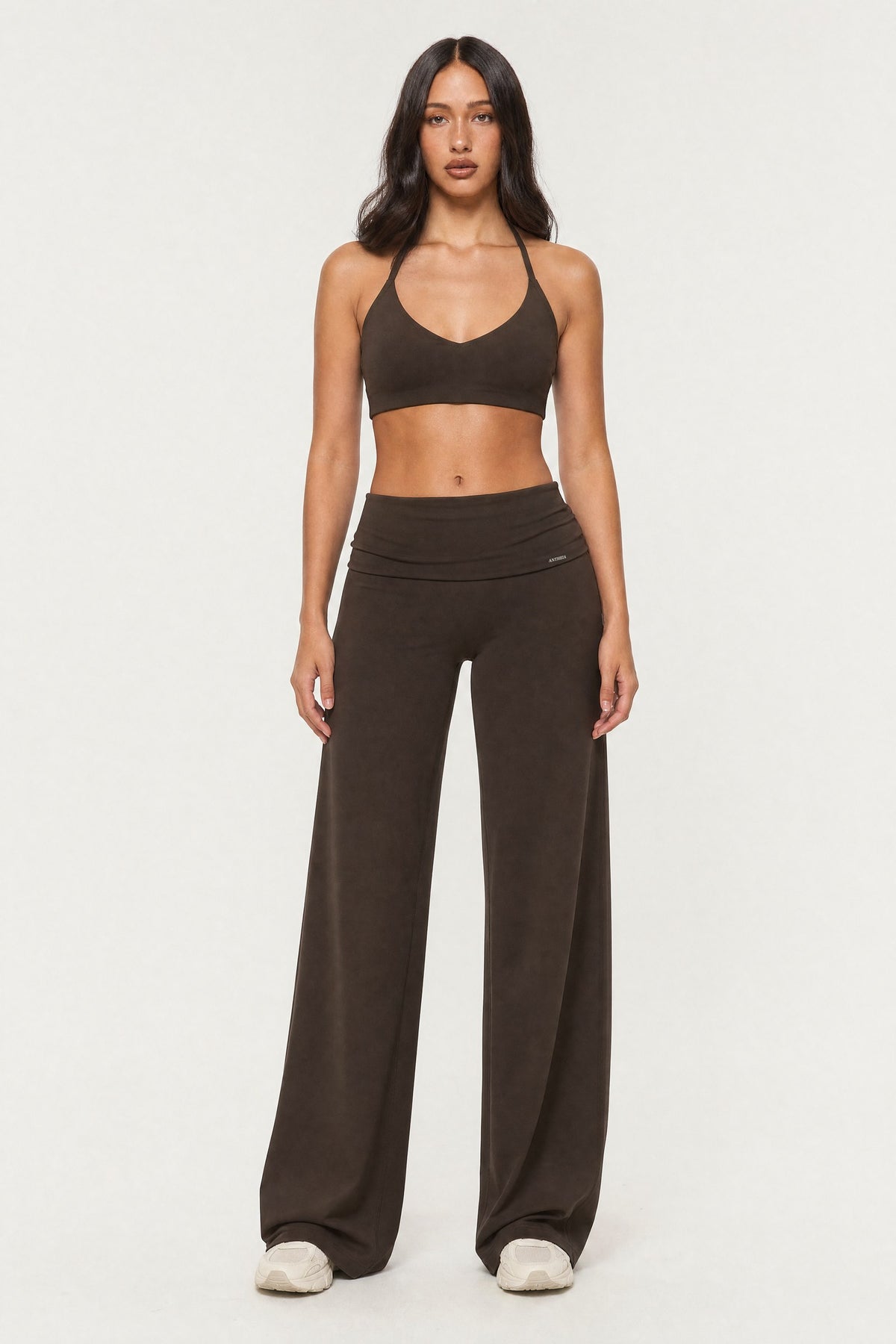 Fold Over Flare Pants Ganache, front view on model