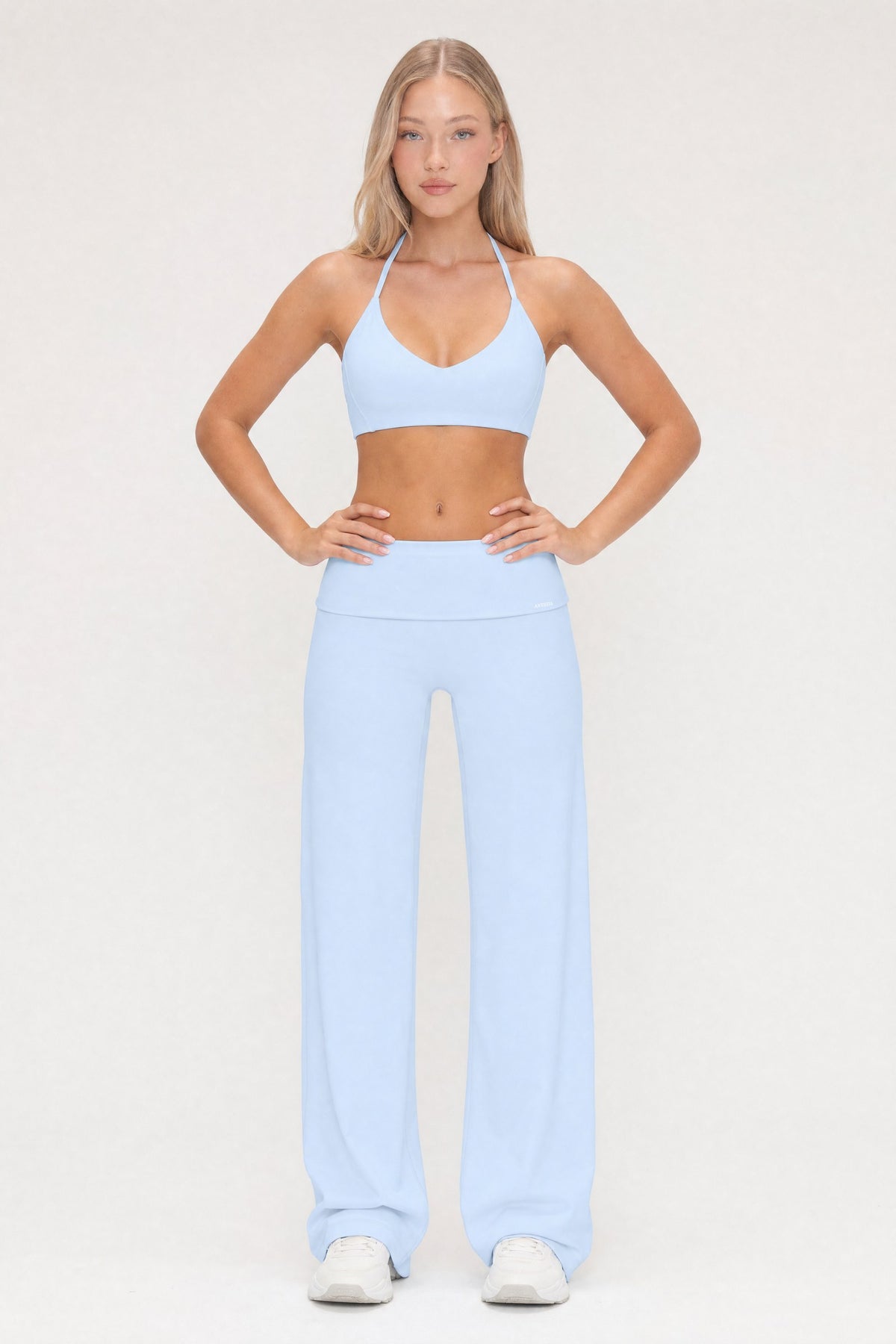 Model wearing the Fold Over Flare Pants Mist