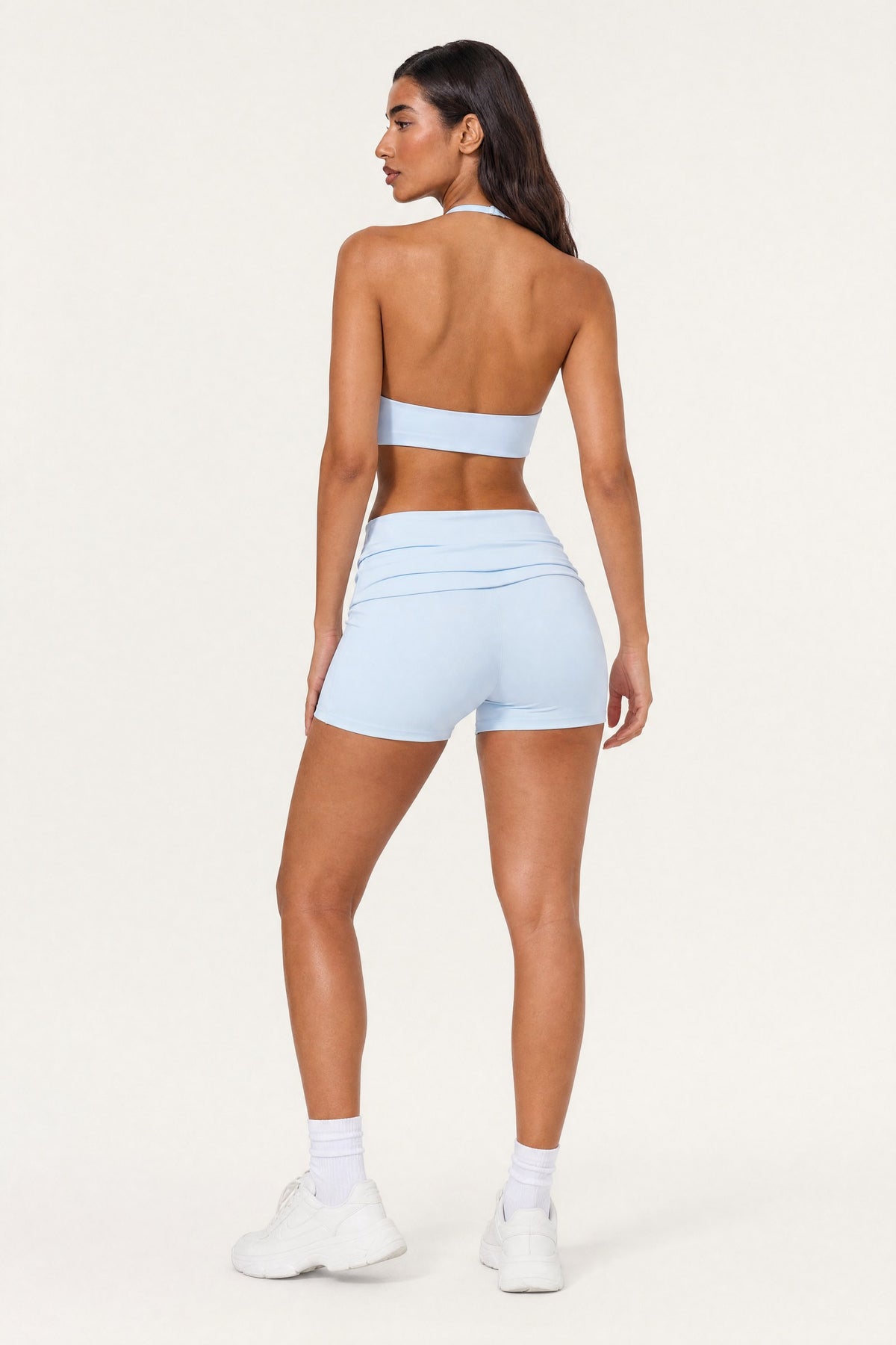 Fold Over Shorts Mist, back view on model