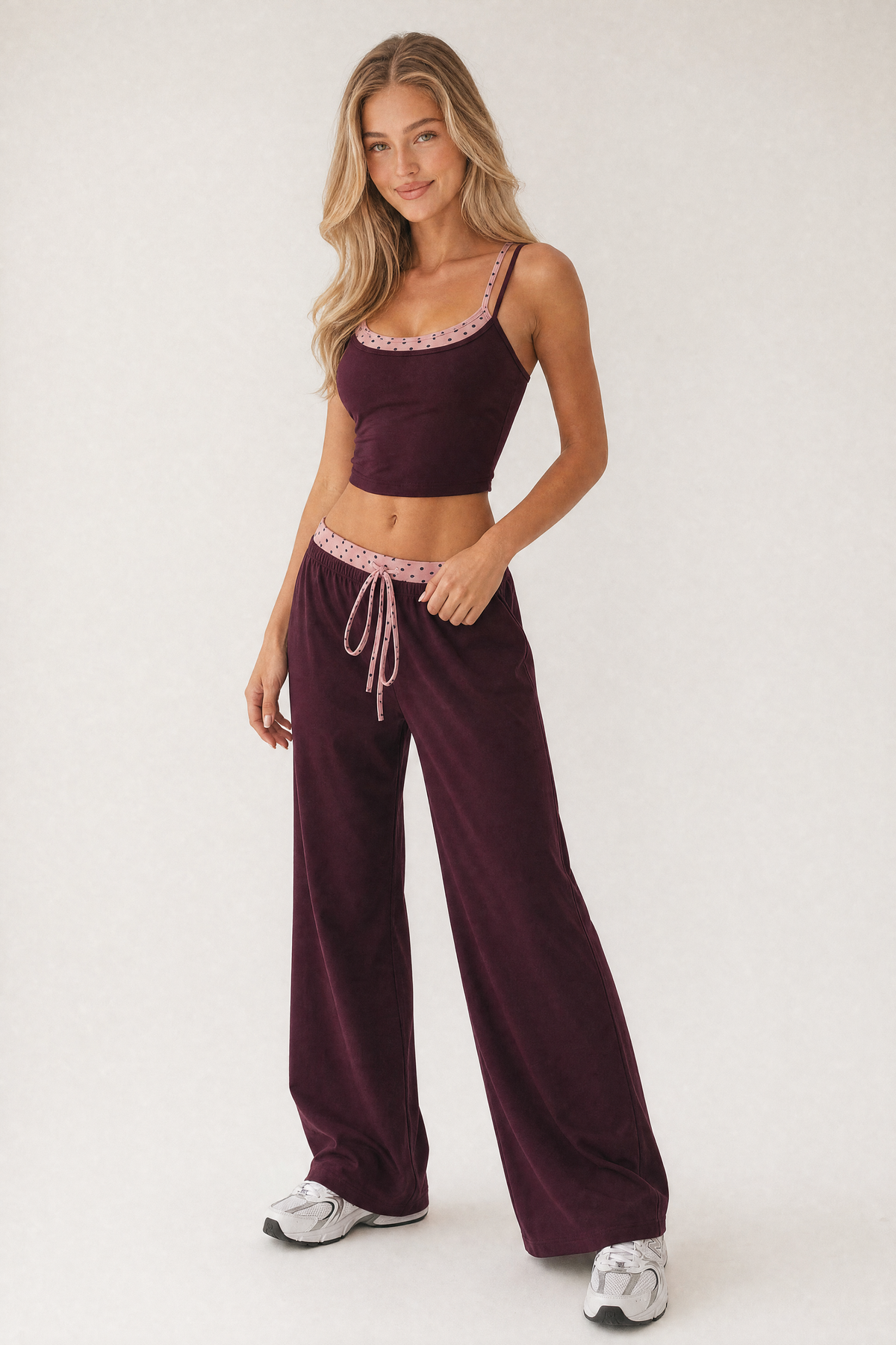 Dot Band Wide Leg Pants Merlot – front alt